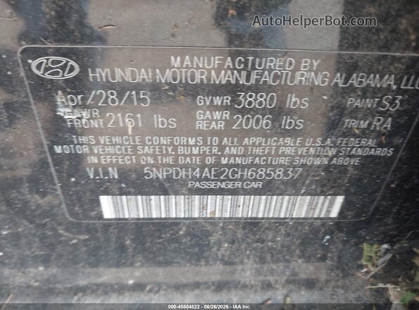 5NPDH4AE2GH685837 2016 HYUNDAI ELANTRA Black Вид підкапотного простору