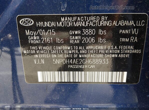 5NPDH4AE2GH688933 2016 HYUNDAI ELANTRA Синий Вид подкапотного пространства