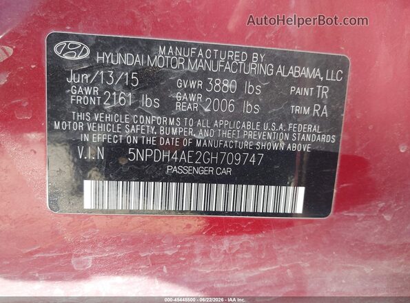 5NPDH4AE2GH709747 2016 HYUNDAI ELANTRA Бордовый Вид подкапотного пространства