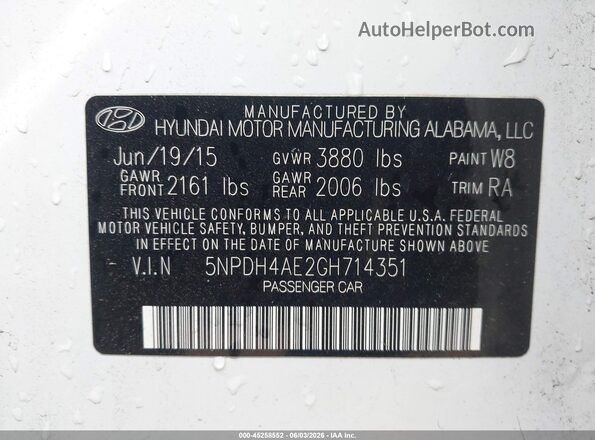 5NPDH4AE2GH714351 2016 HYUNDAI ELANTRA Белый Вид подкапотного пространства