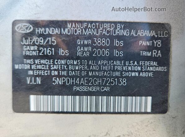 5NPDH4AE2GH725138 2016 HYUNDAI ELANTRA Silver Vista del compartimento del motor