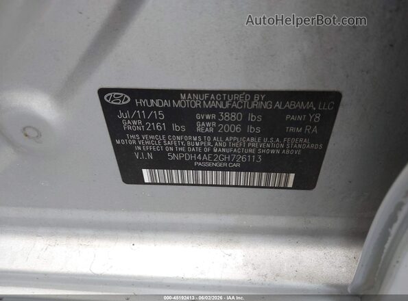5NPDH4AE2GH726113 2016 HYUNDAI ELANTRA Silver 