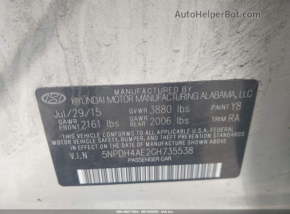 5NPDH4AE2GH735538 2016 HYUNDAI ELANTRA Silver Вид підкапотного простору
