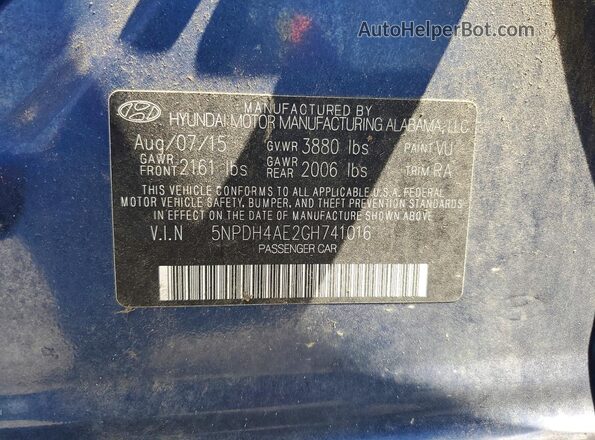 5NPDH4AE2GH741016 2016 HYUNDAI ELANTRA Blue Engine compartment view