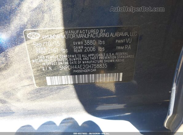 5NPDH4AE2GH758835 2016 HYUNDAI ELANTRA Blue Widok komory silnika