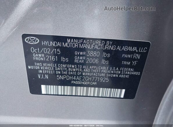 5NPDH4AE2GH771925 2016 HYUNDAI ELANTRA Gray Вид підкапотного простору