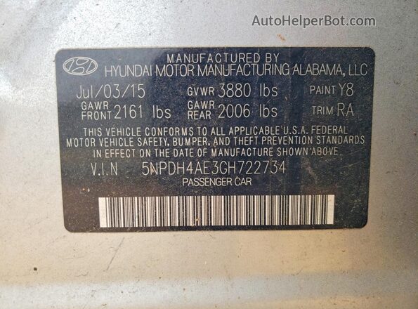 5NPDH4AE3GH722734 2016 HYUNDAI ELANTRA Silver 