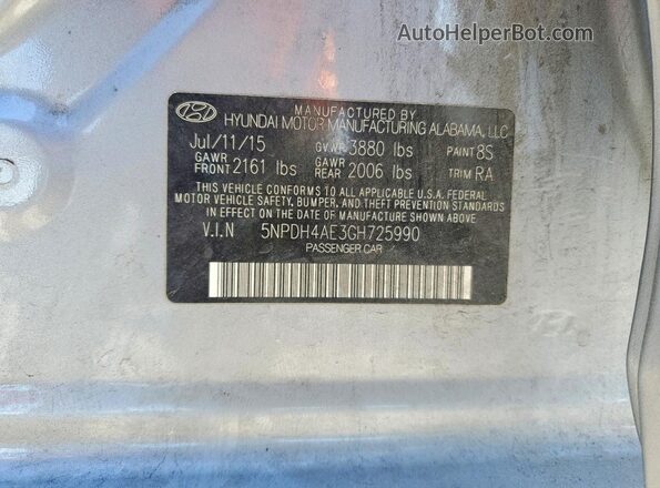 5NPDH4AE3GH725990 2016 HYUNDAI ELANTRA Silver Вид підкапотного простору