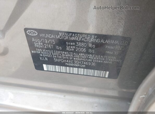 5NPDH4AE3GH746936 2016 HYUNDAI ELANTRA Gray ძრავის განყოფილების ხედი