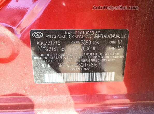 5NPDH4AE3GH748167 2016 HYUNDAI ELANTRA Red ძრავის განყოფილების ხედი
