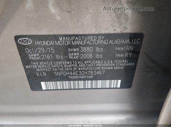5NPDH4AE3GH783467 2016 HYUNDAI ELANTRA Gray Շարժիչի բաժամունքի տեսք