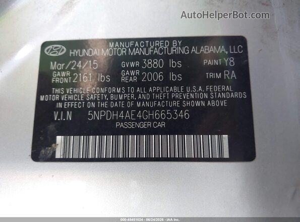 5NPDH4AE4GH665346 2016 HYUNDAI ELANTRA Серебряный Вид подкапотного пространства