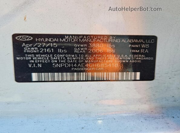 5NPDH4AE4GH685418 2016 HYUNDAI ELANTRA White Вид підкапотного простору