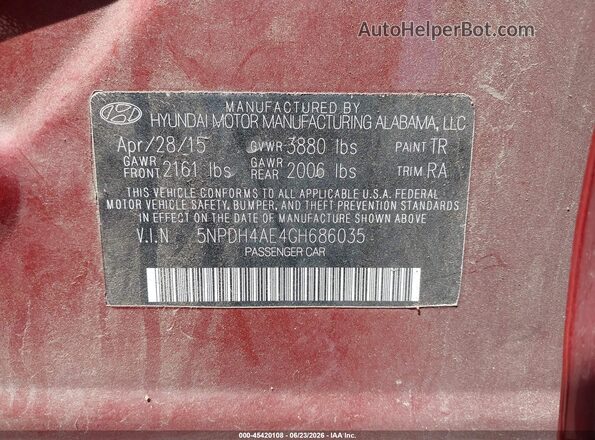 5NPDH4AE4GH686035 2016 HYUNDAI ELANTRA Red Engine compartment view