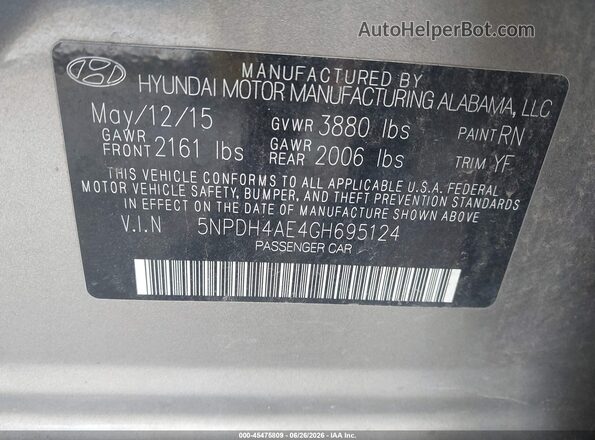 5NPDH4AE4GH695124 2016 HYUNDAI ELANTRA Gold Vista del compartimento del motor