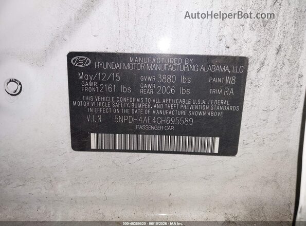 5NPDH4AE4GH695589 2016 HYUNDAI ELANTRA White Widok komory silnika
