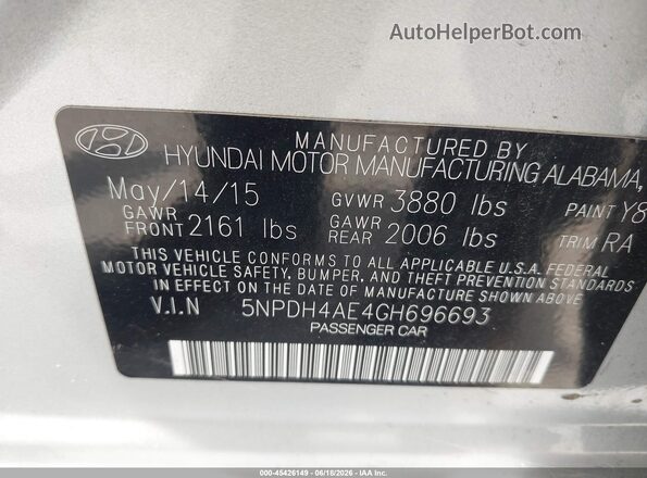 5NPDH4AE4GH696693 2016 HYUNDAI ELANTRA Silver 