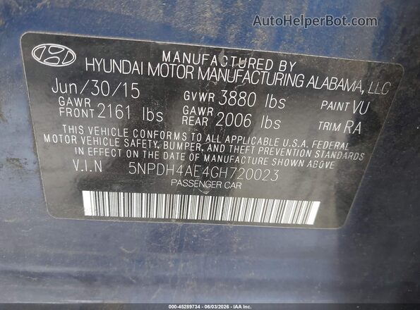 5NPDH4AE4GH720023 2016 HYUNDAI ELANTRA Blue 
