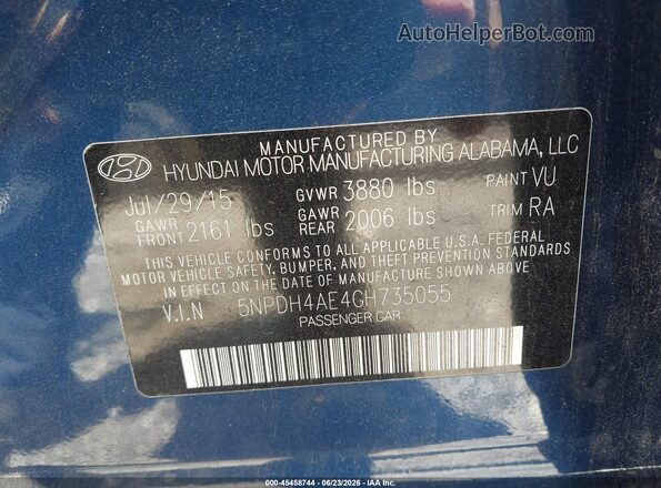 5NPDH4AE4GH735055 2016 HYUNDAI ELANTRA Blue Вид підкапотного простору