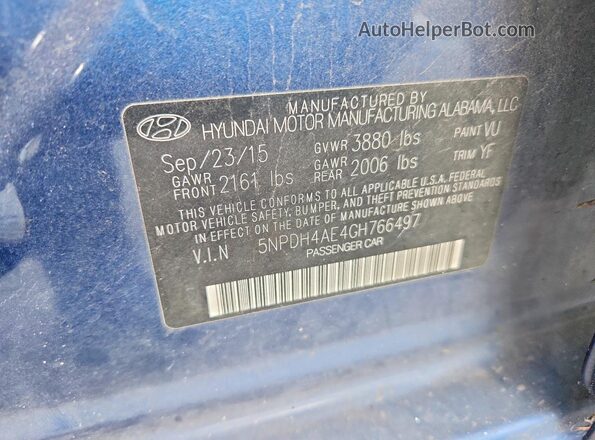 5NPDH4AE4GH766497 2016 HYUNDAI ELANTRA Blue 