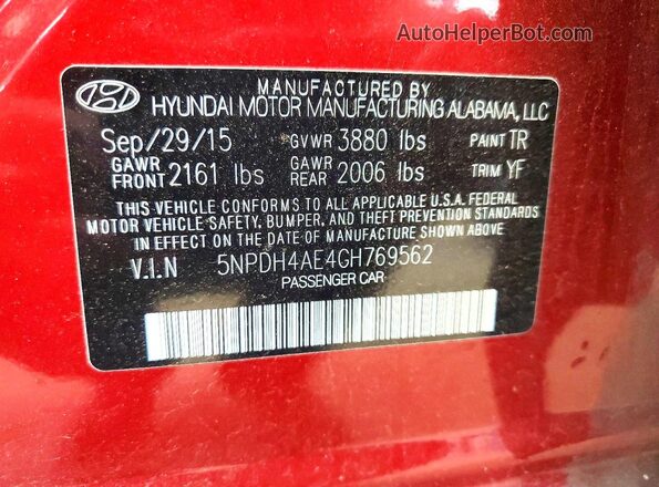5NPDH4AE4GH769562 2016 HYUNDAI ELANTRA Красный Вид подкапотного пространства
