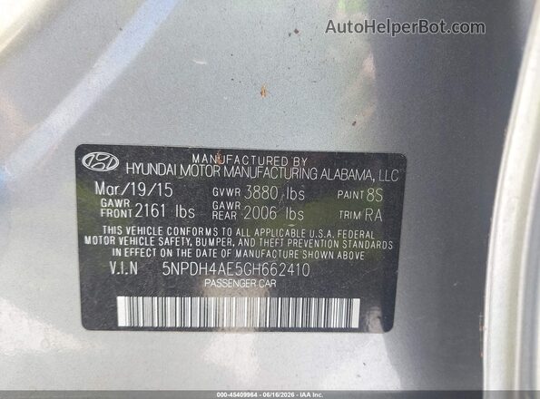 5NPDH4AE5GH662410 2016 HYUNDAI ELANTRA Silver Vista del compartimento del motor