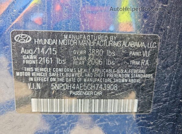 5NPDH4AE5GH743908 2016 HYUNDAI ELANTRA Blue ძრავის განყოფილების ხედი