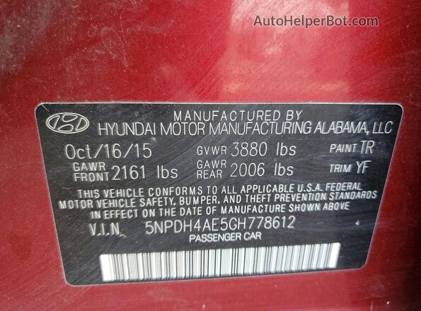 5NPDH4AE5GH778612 2016 HYUNDAI ELANTRA Red Widok komory silnika