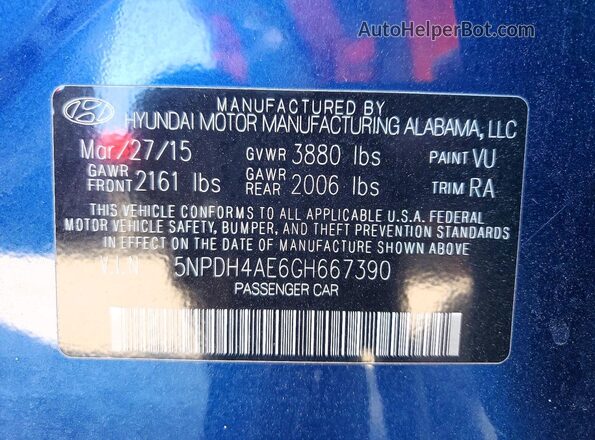 5NPDH4AE6GH667390 2016 HYUNDAI ELANTRA Blue 