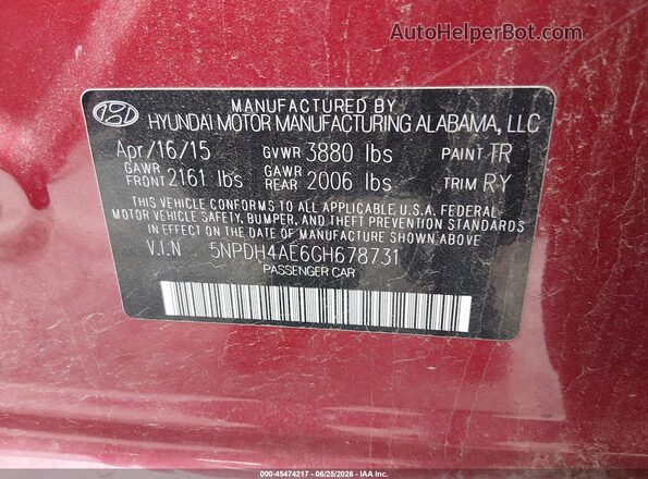 5NPDH4AE6GH678731 2016 HYUNDAI ELANTRA Бордовый Вид подкапотного пространства