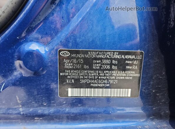 5NPDH4AE6GH679121 2016 HYUNDAI ELANTRA Blue Vista del compartimento del motor