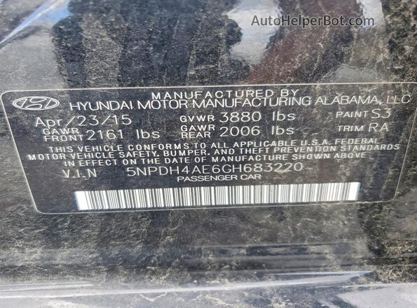 5NPDH4AE6GH683220 2016 HYUNDAI ELANTRA Black Вид наклейки з VIN-кодом