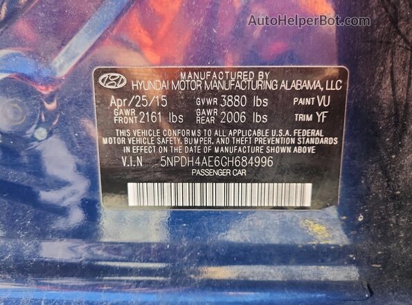 5NPDH4AE6GH684996 2016 HYUNDAI ELANTRA Blue Engine compartment view