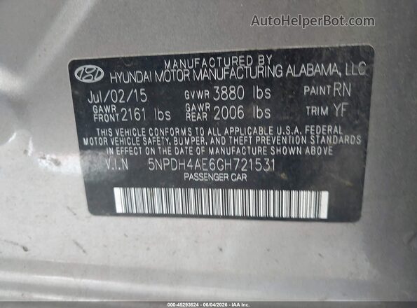 5NPDH4AE6GH721531 2016 HYUNDAI ELANTRA Gray 