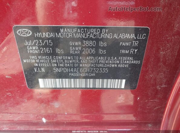 5NPDH4AE6GH732335 2016 HYUNDAI ELANTRA Red Շարժիչի բաժամունքի տեսք