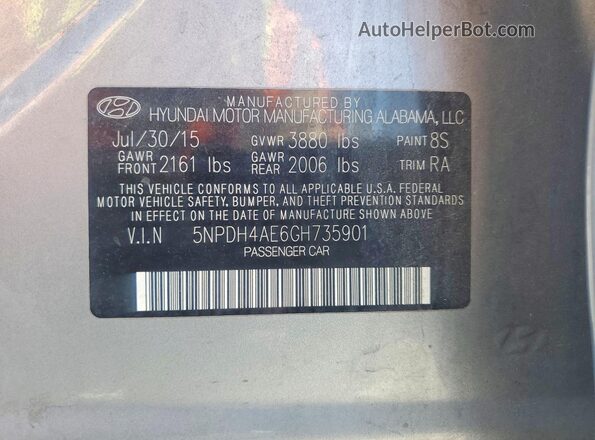 5NPDH4AE6GH735901 2016 HYUNDAI ELANTRA Silver VIN კოდის სტიკერის ხედი