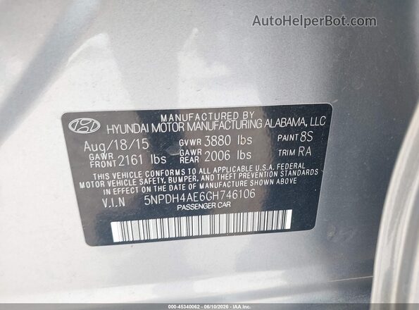 5NPDH4AE6GH746106 2016 HYUNDAI ELANTRA Silver ძრავის განყოფილების ხედი