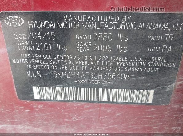 5NPDH4AE6GH756408 2016 HYUNDAI ELANTRA Red Widok komory silnika