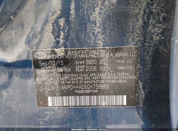 5NPDH4AE6GH758868 2016 HYUNDAI ELANTRA Blue ძრავის განყოფილების ხედი