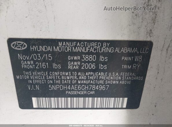 5NPDH4AE6GH784967 2016 HYUNDAI ELANTRA White ძრავის განყოფილების ხედი