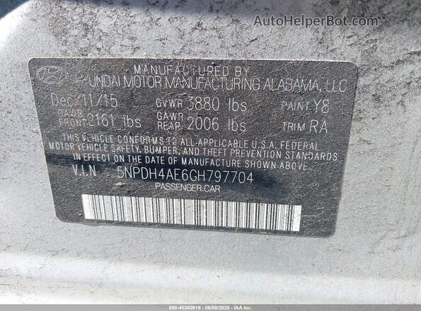 5NPDH4AE6GH797704 2016 HYUNDAI ELANTRA Серебряный 