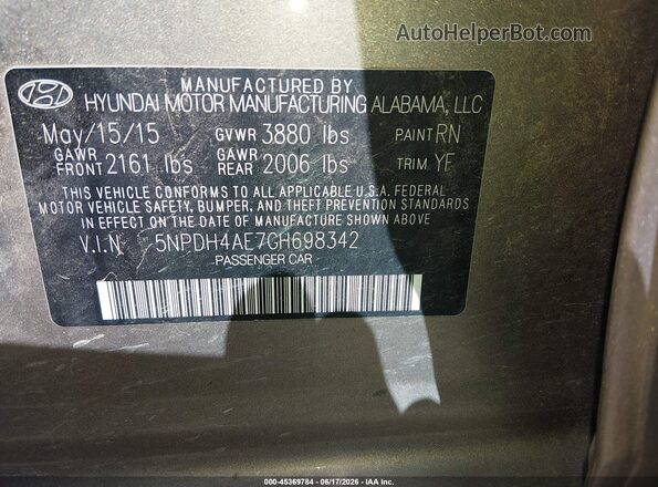 5NPDH4AE7GH698342 2016 HYUNDAI ELANTRA Champagne ძრავის განყოფილების ხედი