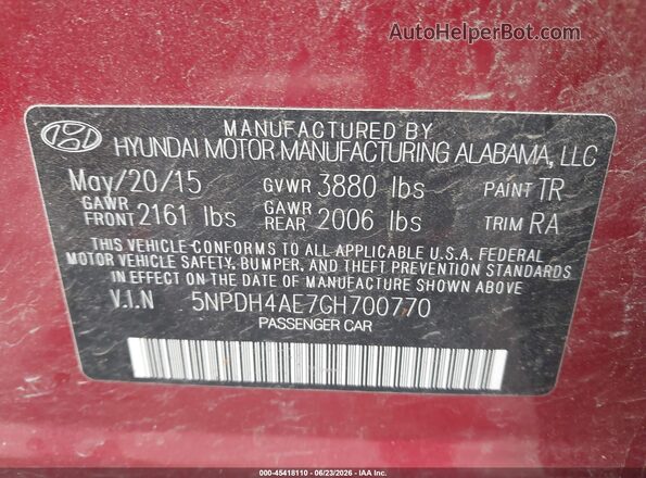5NPDH4AE7GH700770 2016 HYUNDAI ELANTRA Red Շարժիչի բաժամունքի տեսք
