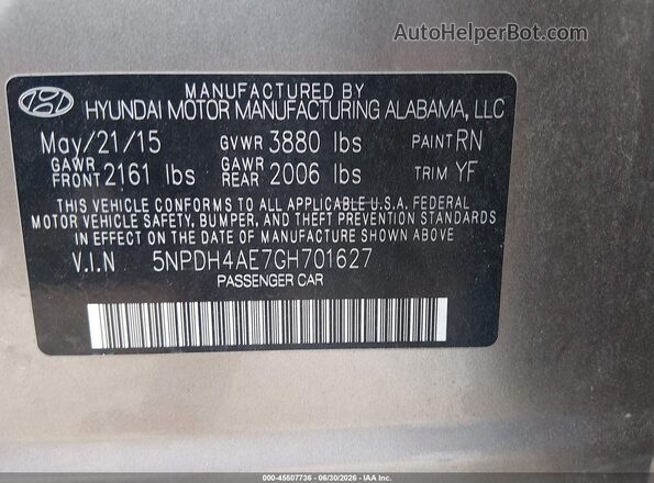 5NPDH4AE7GH701627 2016 HYUNDAI ELANTRA Gold Շարժիչի բաժամունքի տեսք