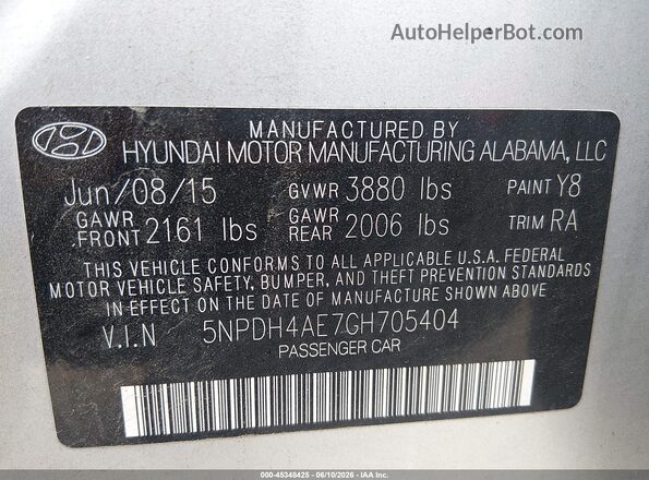 5NPDH4AE7GH705404 2016 HYUNDAI ELANTRA Silver ძრავის განყოფილების ხედი