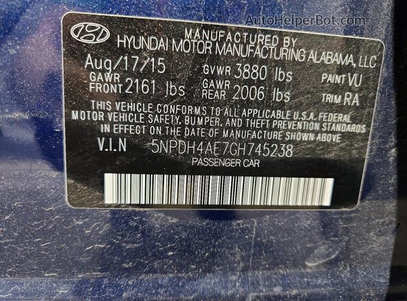 5NPDH4AE7GH745238 2016 HYUNDAI ELANTRA Blue Շարժիչի բաժամունքի տեսք
