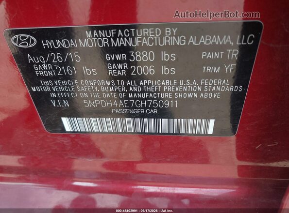 5NPDH4AE7GH750911 2016 HYUNDAI ELANTRA Red Vista del compartimento del motor