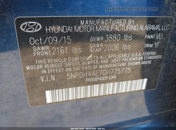 5NPDH4AE7GH775775 2016 HYUNDAI ELANTRA Blue Engine compartment view