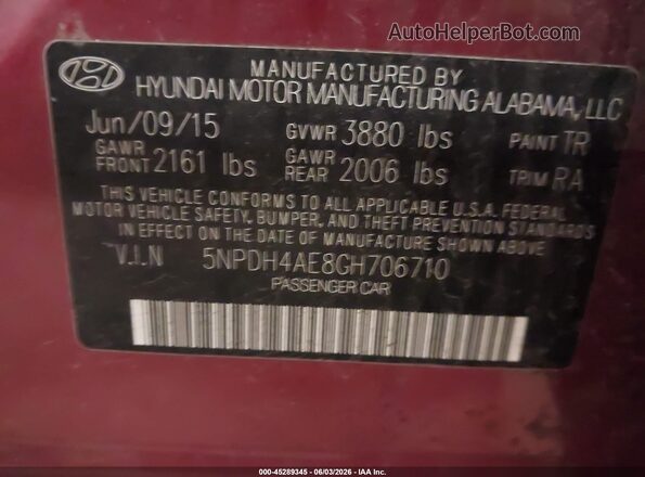 5NPDH4AE8GH706710 2016 HYUNDAI ELANTRA Red 
