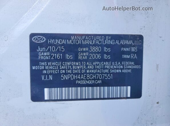5NPDH4AE8GH707551 2016 HYUNDAI ELANTRA White 